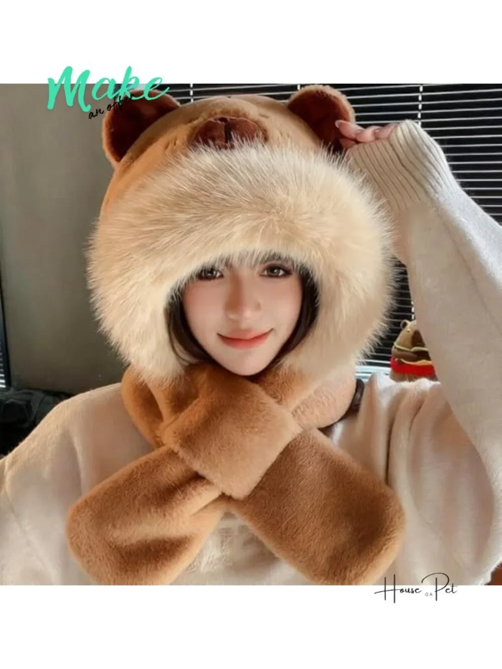 Plush Capybara Hooded Scarf Hat 2-in-1 Faux Fur Bear Ears Winter Warm